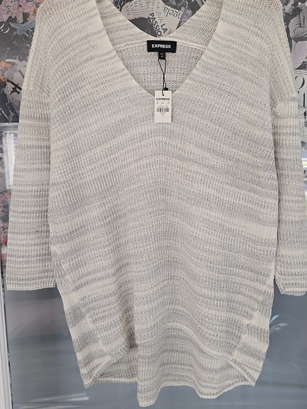 Express Light Grey & Cream V-Neck Sweater
